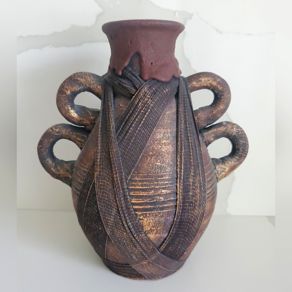 Rustic Burlap Wrapped Boho Jug Vessel Medieval Revival Quad Handles 10" Tall